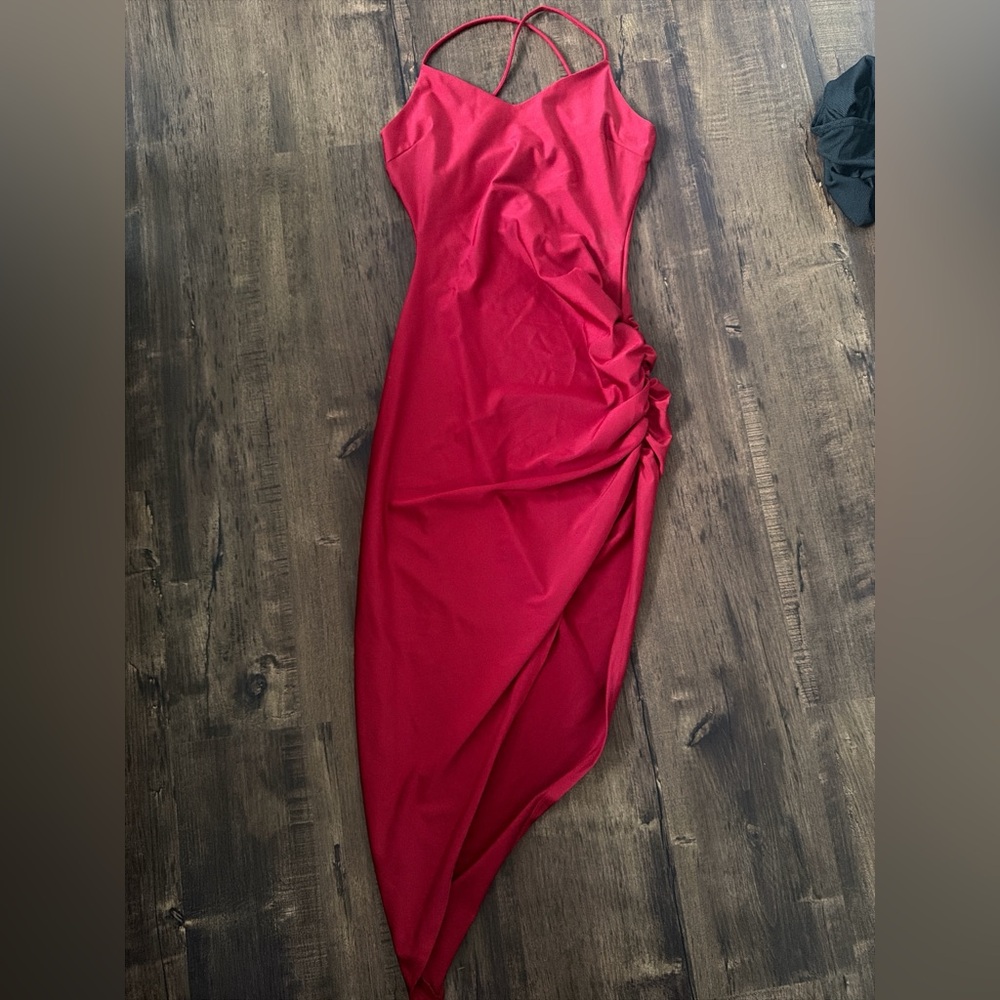 Windsor Red Asymmetrical Ruched Slip Dress